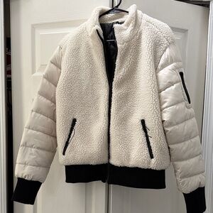 Ivory Sherpa Bomber Jacket with Quilted Sleeves